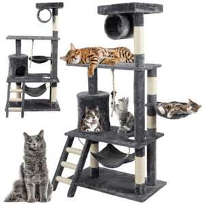 Óriás macska mászóka és kaparófa játékokkal, kuckókkal, hintával és létrával - 141 cm, szürke (BB-21713)