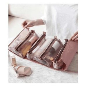 Összehajtható utazó kozmetikai táska 4 rekesszel - 3 kivehető résszel, feltekerhető, pink (BBI-4107)
