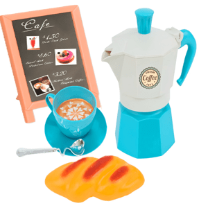 Hangulatos játék kávézó és reggeliző kiegészítő készlet kávéfőzővel és bagettel (BBMJ)