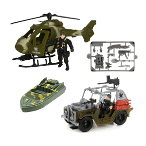 Katonai játékszett helikopterrel, terepjáróval, csónakkal és két harcossal (BBMJ)