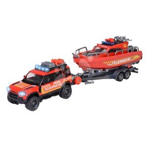 Tűzoltókocsi utánfutóval és mentőhajóval Land Rover Fire Rescue Majorette fém hanggal és fénnyel 33,5 cm hosszú