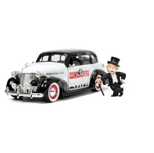 Kisautó Monopoly Chevy Master 1939 Jada fém nyitható részekkel és Uncle Pennybags figurával hossza 20 cm 1:24
